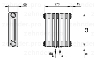 Схема (чертеж) Радиатор Zehnder Charleston 3057/6 №5410 Белый глянцевый RAL 9016